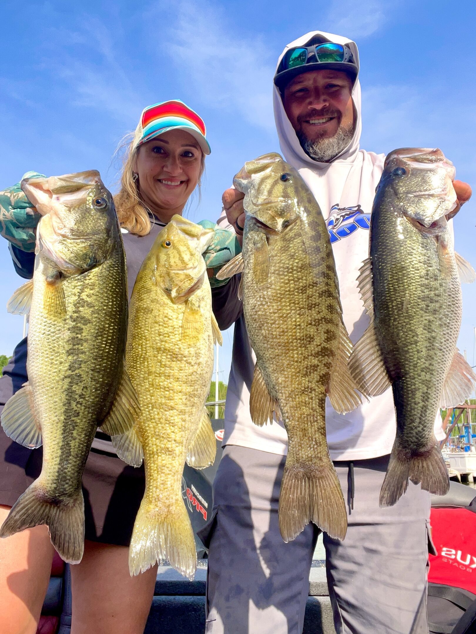 Smiling duo with freshly caught bass
